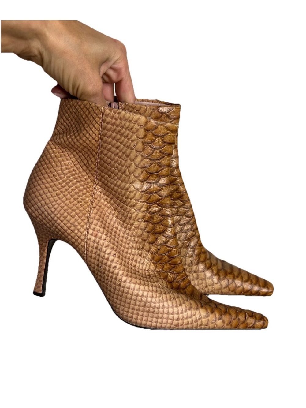 Linea Paolo Italy Genuine Snakeskin Ankle Boots Tan Pointed Toe 7.5 Quite Luxury